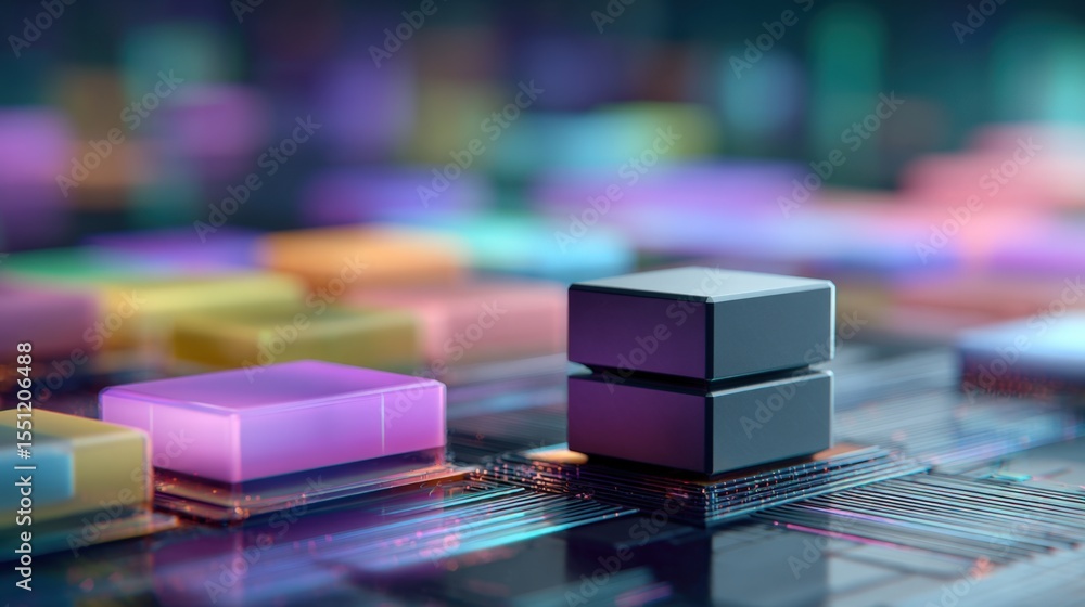 Poster a black and purple cube sits on a colorful surface. the cube is surrounded by many other colorful cu