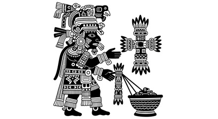 Ornate Mayan Deity Figure with Cross and Offering Bowl