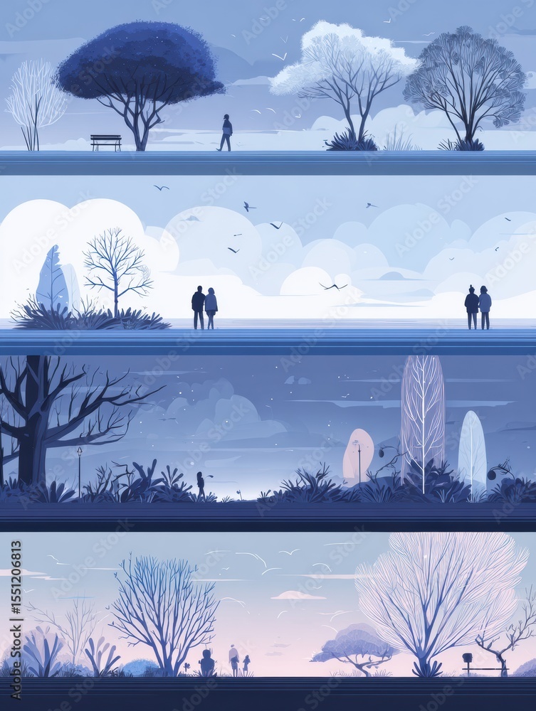 Poster different poetry styles presented in a minimal color scheme featuring nature and human interactions
