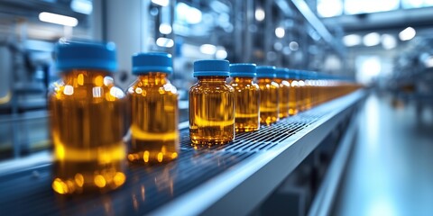 Image of many yellow pill bottles being transported on a conveyor belt in a factory