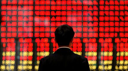 Businessman Analyzing Stock Market Trends on Digital Display with Red Declining Numbers Representing Financial Losses and Market Volatility