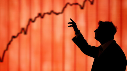 Businessman Silhouette Pointing Upward Against Stock Market Graph with Red Background and Increasing Trend Line