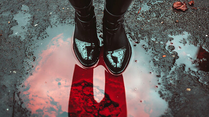 Boots in rain puddle red liquid blood violence concept