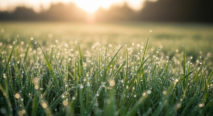 Sunrise Dewdrops on Lush Green Grass A Serene Morning Scene