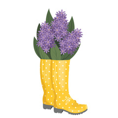 Vector illustration with purple flowers in yellow rubber boots isolated on white background. Concept of spring gardening, farming, greetings. Floral arrangement. Bright arrangement of flowers.