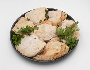 Fresh raw marinated chicken thighs seasoned with spices and parsley in black plate on white table