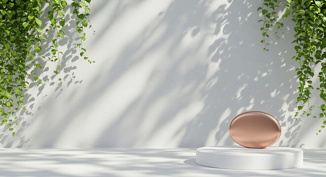 Minimalist scene with hanging green vines and a copper sphere on a pedestal