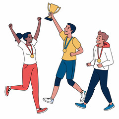 Obraz premium Victorious athletes celebrate championship win with gold trophy and medals