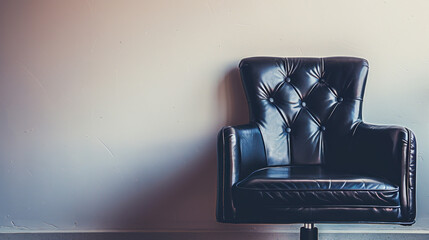Black Leather Armchair with Button Tufting Against Minimalistic Wall in Well-Lit Contemporary Interior Setting