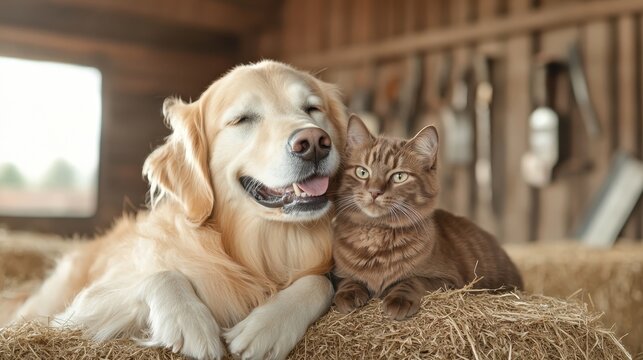 A joyful golden retriever and a charming tabby cat cuddle together on a bed of hay in a barn, showcasing the beauty of friendship between different animals. - Powered by Adobe
