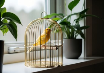 Yellow canary perched inside a golden birdcage on a windowsill  