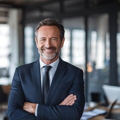 Fototapeta premium Photo of a smiling businessman in a blue suit and tie stands with his arms crossed in an office