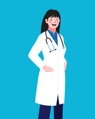Cute vector of a female doctor in flat style with stethoscope. Ideal for medical content, hospital branding, or healthcare education visuals and professional character design.