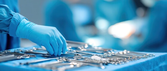 The surgical instruments arranged meticulously on the operating table for preparation