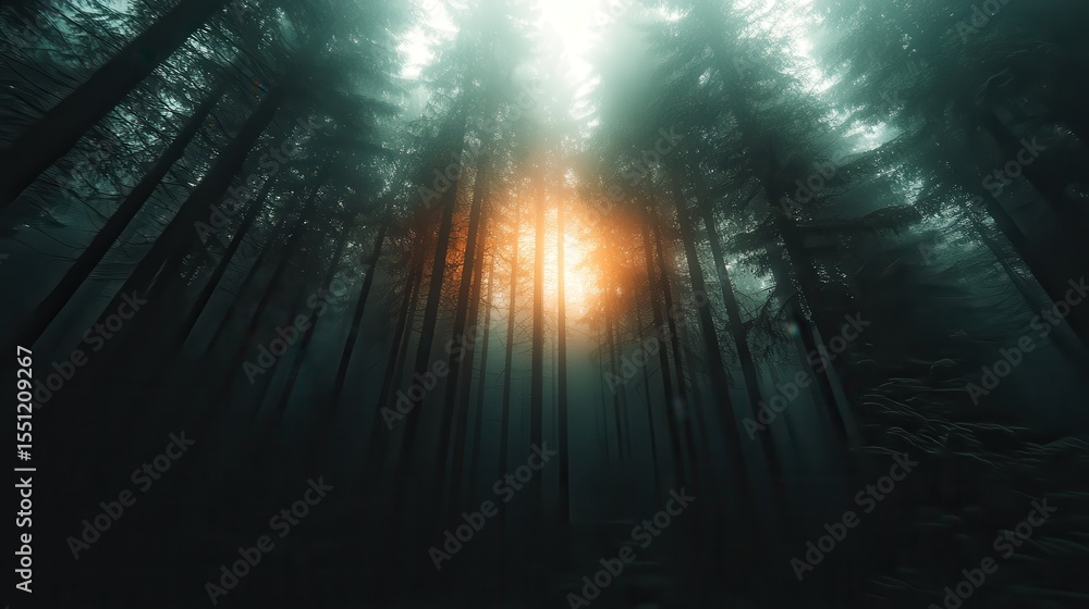 Poster an enchanting view of a fog-covered forest, where beams of sunlight pierce through the trees, creati