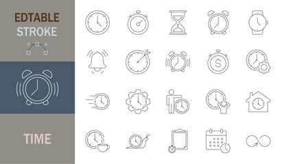 
Time icon set. Thin line editable stroke icons. Clocks, calendars, time management, productivity calendars, schedule, productivity, business efficiency, time management, dates 