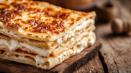An inviting image of a mouthwatering lasagna layered with cheese and sauce, showcasing its perfect golden crust on a rustic wooden cutting board.