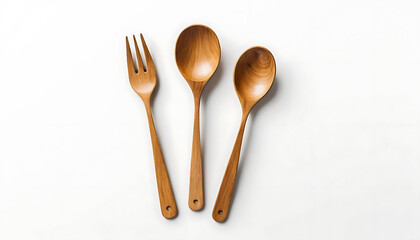Wooden Utensils Trio: Fork, Spoons on White Background