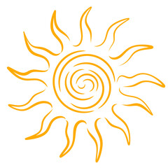 Bright orange stylized sun with spiral center and wavy rays. Perfect for summer designs, logos, decor, children's art, and boho-style illustrations.