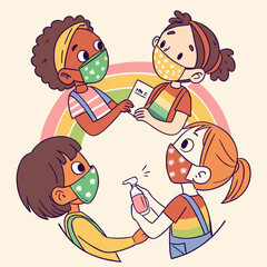 Naklejka premium Diverse group of children illustrating hygiene and health in a playful style