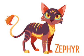 Whimsical Zephyr the Cat Illustration Feline Character with Striped Pattern and Bright Colors Standing on a White Background
