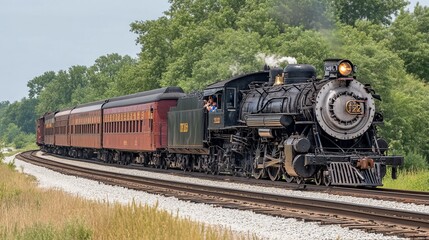 Obraz premium A vintage steam locomotive pulls passenger cars along a railway track, surrounded by lush green trees under a light gray sky