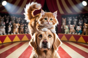 Circus Cat and Dog Act: Amazing Pet Photography Featuring Golden Retriever and Maine Coon