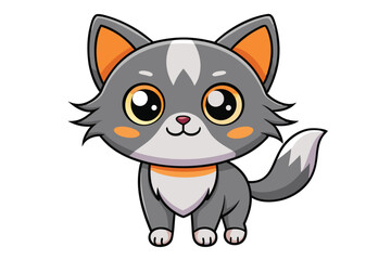 Cute Cartoon Gray Cat Illustration with Big Eyes and Orange Details Standing Comfortably on a White Background in a Digital Art Style
