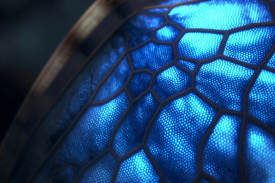 A butterfly wing in extreme close-up &mdash; showing individual scales like shimmering tiles.

