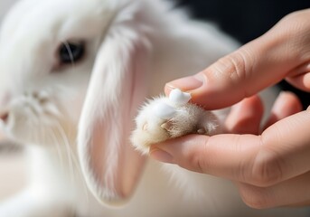 Hand applying cream to paw of fluffy white rabbit indoors  