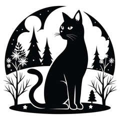Silhouette Serenity A Black Cat Amidst Winter Trees and Snowy Moonlit Sky in Festive Holiday Season