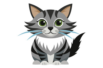 Cute Cartoon Cat with Gray Stripes and Green Eyes Sitting Upright on a White Background with a Playful Expression