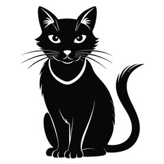 Elegant Black Cat Illustration of a Feline Friend Sitting and Posing with Whiskers and a Sleek Tail Curled in the Air
