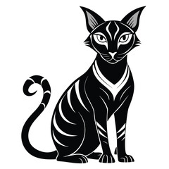 Elegant Black Cat Illustration with Intricate White Markings and Curled Tail Sitting Gracefully on a White Background with a Striking Gaze
