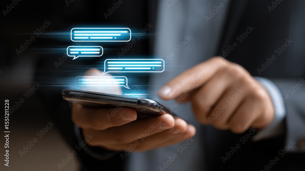 Poster a man is texting on a phone with a blue screen that has a chat bubble with the word 
