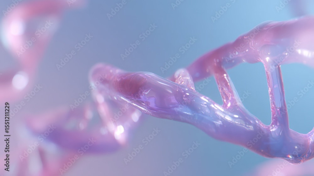 Poster a pink and blue dna strand is shown in a close up. the strand is twisted and has a shiny, wet appear