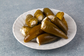 Cheese stuffed jalapeno peppers. Turkish name; Peynir dolgulu jalapeno