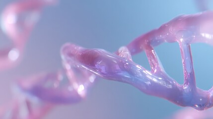 A pink and blue DNA strand is shown in a close up. The strand is twisted and has a shiny, wet appearance. Concept of wonder and fascination with the complexity of DNA and its role in life