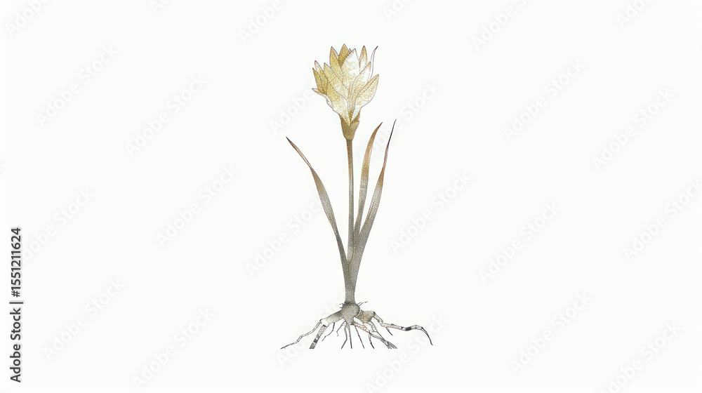 Poster single flower with roots and petals displaying intricate textures in soft tones against a clean back
