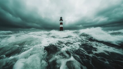 A striking lighthouse stands tall amidst stormy waves and dark clouds, symbolizing hope and guidance during turbulent times and showcasing the raw power of nature's elements.