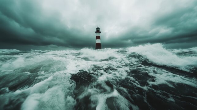 A striking lighthouse stands tall amidst stormy waves and dark clouds, symbolizing hope and guidance during turbulent times and showcasing the raw power of nature's elements.