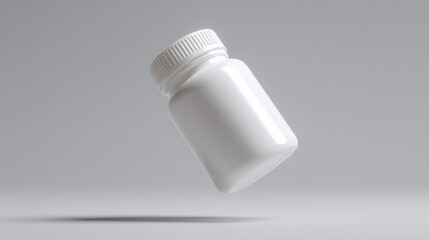 A white pill bottle is floating in midair. The bottle is empty and has a white lid. Concept of emptiness and lightness, as if the bottle is floating effortlessly in the air