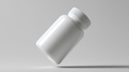 A white pill bottle is shown in a white background. The bottle is empty and has a white lid. The bottle is floating in the air, giving the impression of a 3D effect