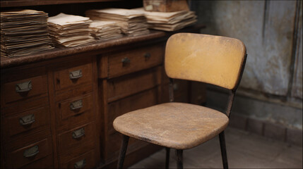 Exploring Timeless Charm: A Vintage Chair Amidst Organized Papers in a Rustic Workspace Infused with Character and Warmth