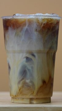 4K footage vertical video Front view Close-up plastic cup filled with iced coffee beautifully swirls with fresh milk.
