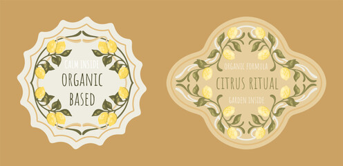 Editable Cosmetic Tags with Mediterranean Design. Art Nouveau Inspired Labels with lemons. Vector.