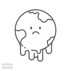 Sad Melting Earth Icon. Climate Anxiety Outline. Editable Stroke Planet. Global Warming Symbol. Environmental Crisis Concept. Climate Change Illustration.