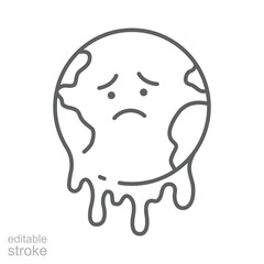 Melting Earth Icon. Climate Anxiety Outline. Editable Stroke Planet. Global Warming Symbol. Environmental Crisis Sign. Climate Change Awareness.
