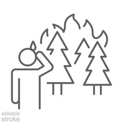 Forest Fire Anxiety Icon. Outline Style Editable Stroke. Person Reacting to Burning Trees. Climate Change Symbol. Environmental Crisis Illustration.