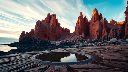 Sunset over red rock coastline with tide pool